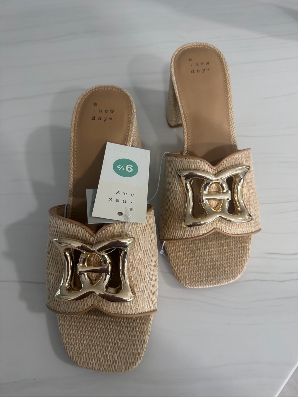 a new day Beige Raffia Slide Mules with Gold Emblem